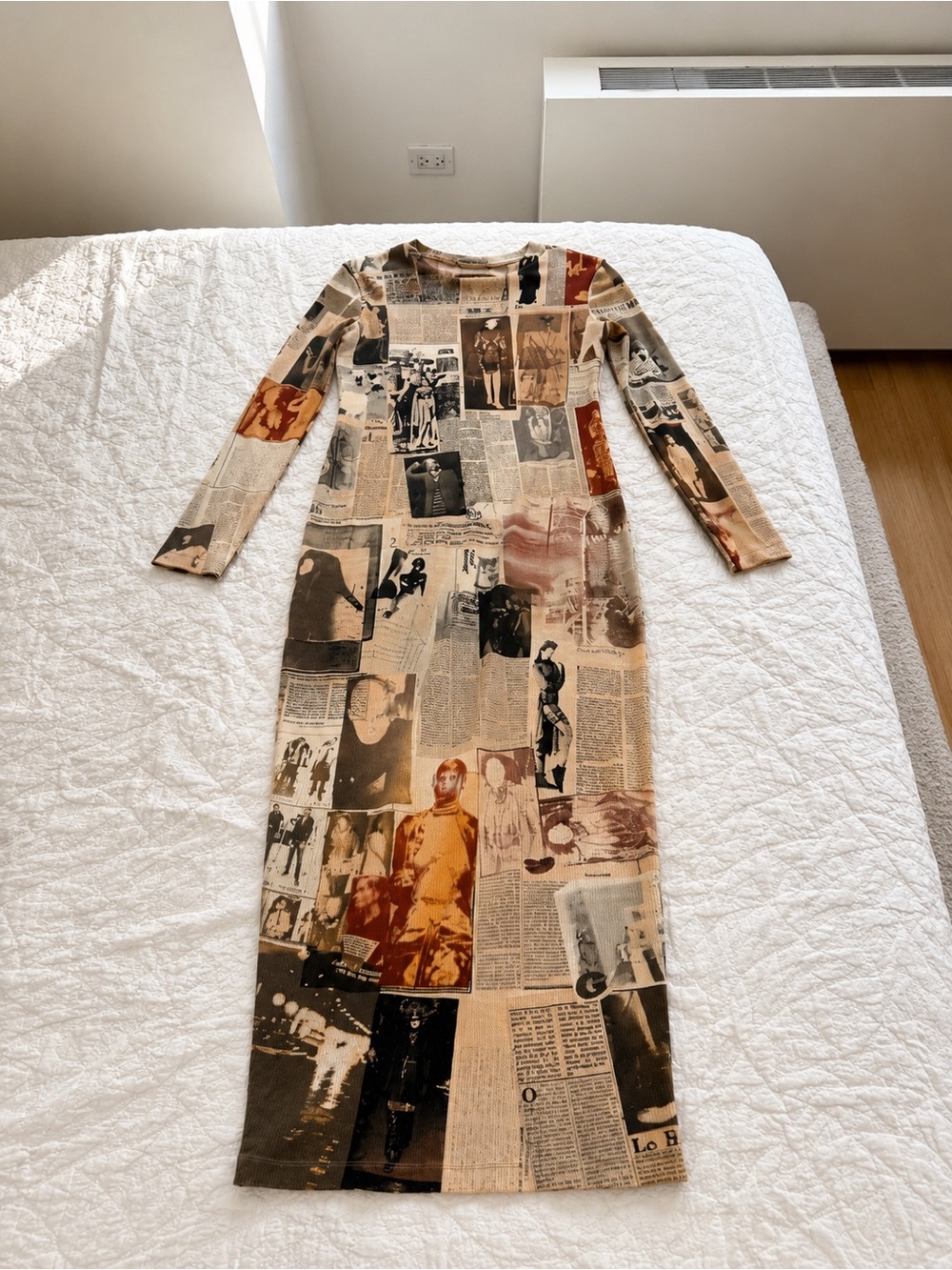 Jean Paul Gaultier Newspaper Print Long Sleeve Dress in Tan and Black - Picture 2 of 4